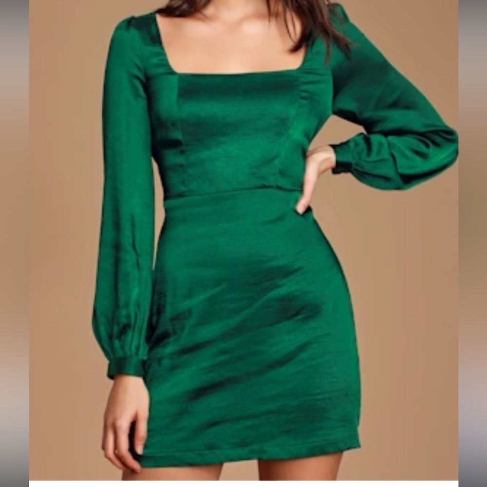 NWT Lulus Got The Love Emerald Green Satin Square-Neck mini dress size S